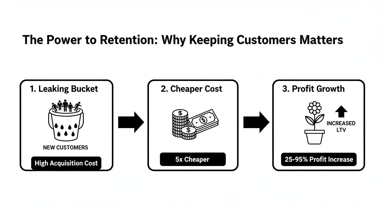 Infographic demonstrating how customer retention leads to cheaper costs and significant profit growth.