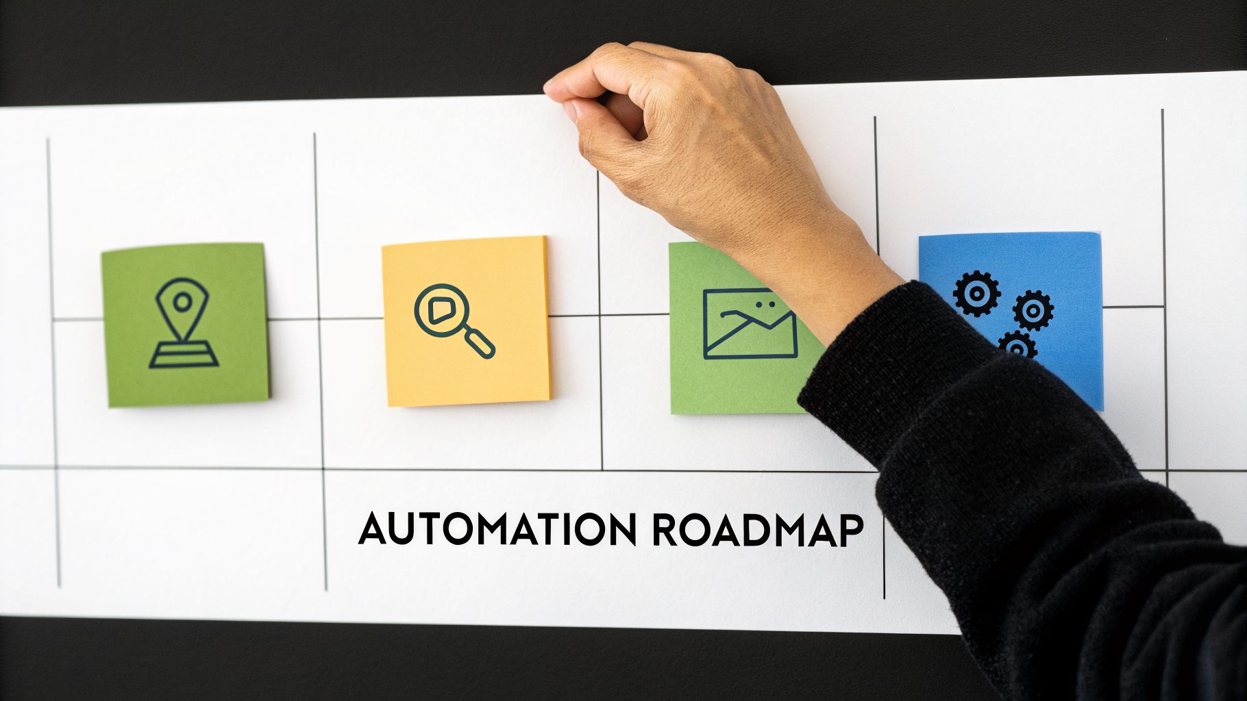 A hand places colored sticky notes with icons on a planning board labeled 'Automation Roadmap'.
