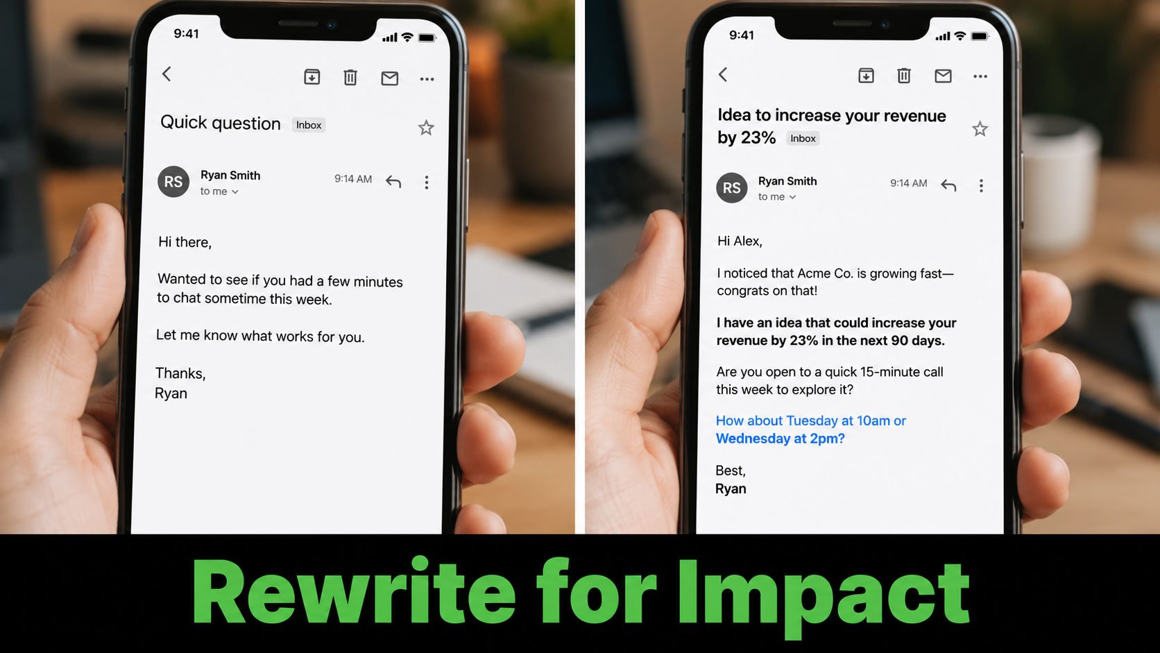 A split screen comparing a generic email and an optimized, high-impact cold sales outreach email on smartphones.