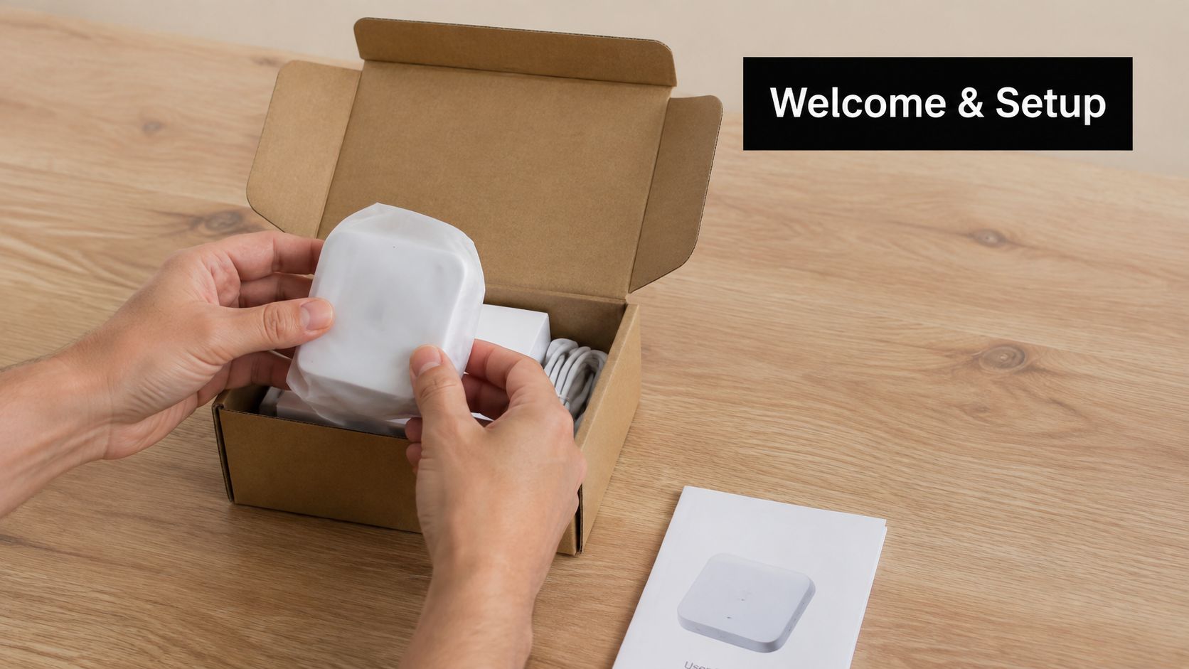 A person unboxing a new smart home device from a cardboard box on a wooden desk.
