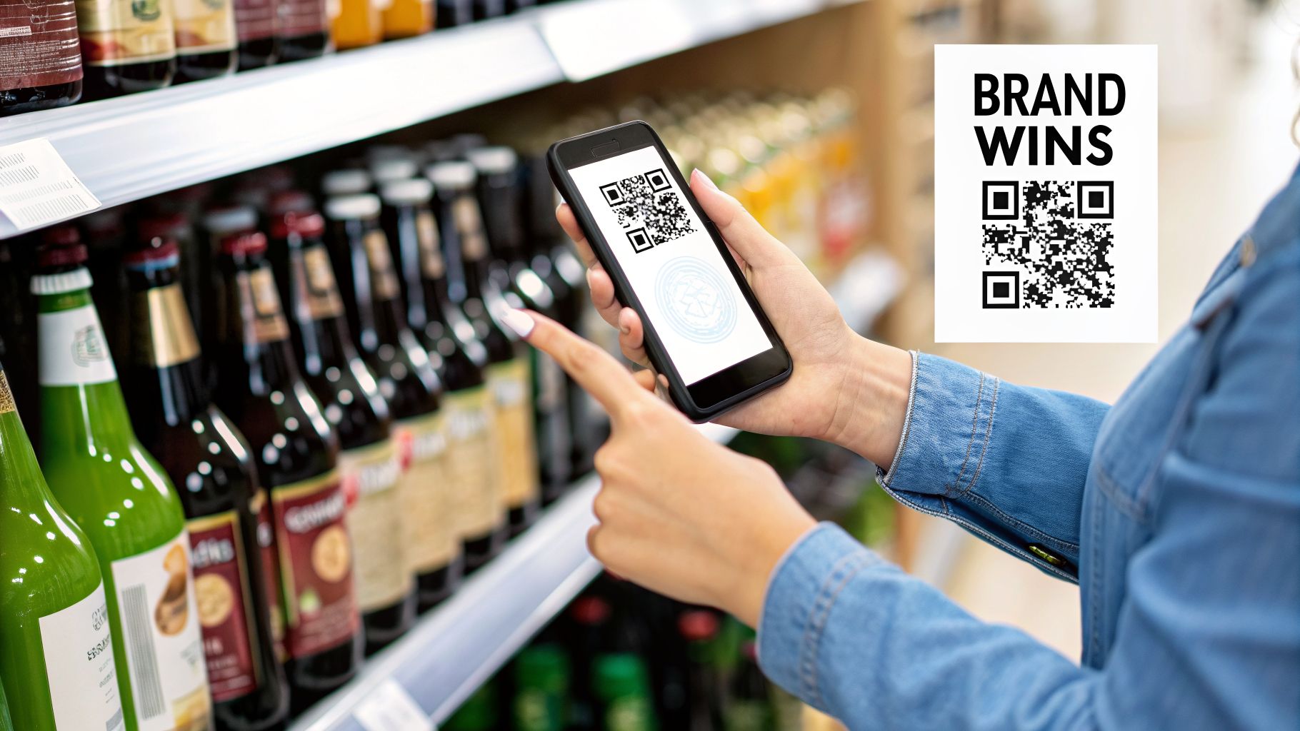 Person in a store holding a smartphone displaying a QR code, pointing at shelves with bottles, with a 'BRAND WINS' QR code pop-up.