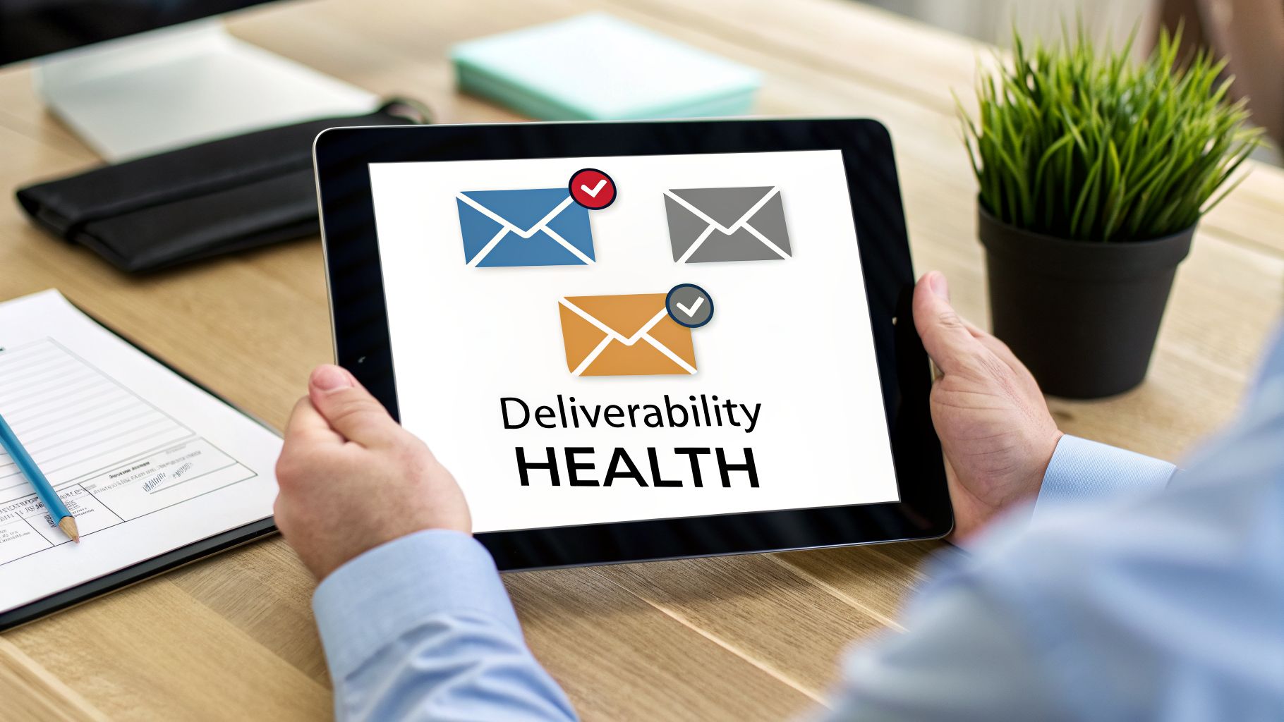 Hands holding a tablet showing email deliverability health with message icons and checkmarks on a desk.