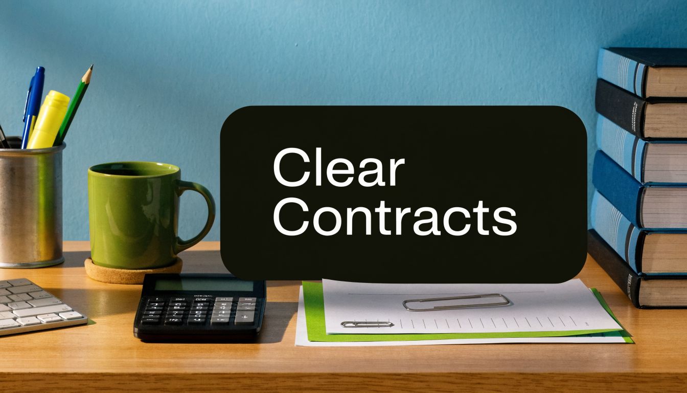 A clean office workspace with a stack of books, stationery, a calculator, and a clear contracts sign.