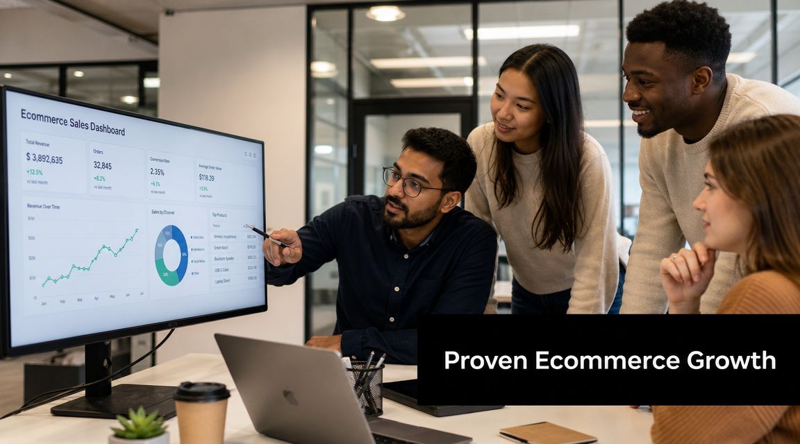 A diverse team of professionals analyzing ecommerce sales dashboard data on a large monitor during a meeting.