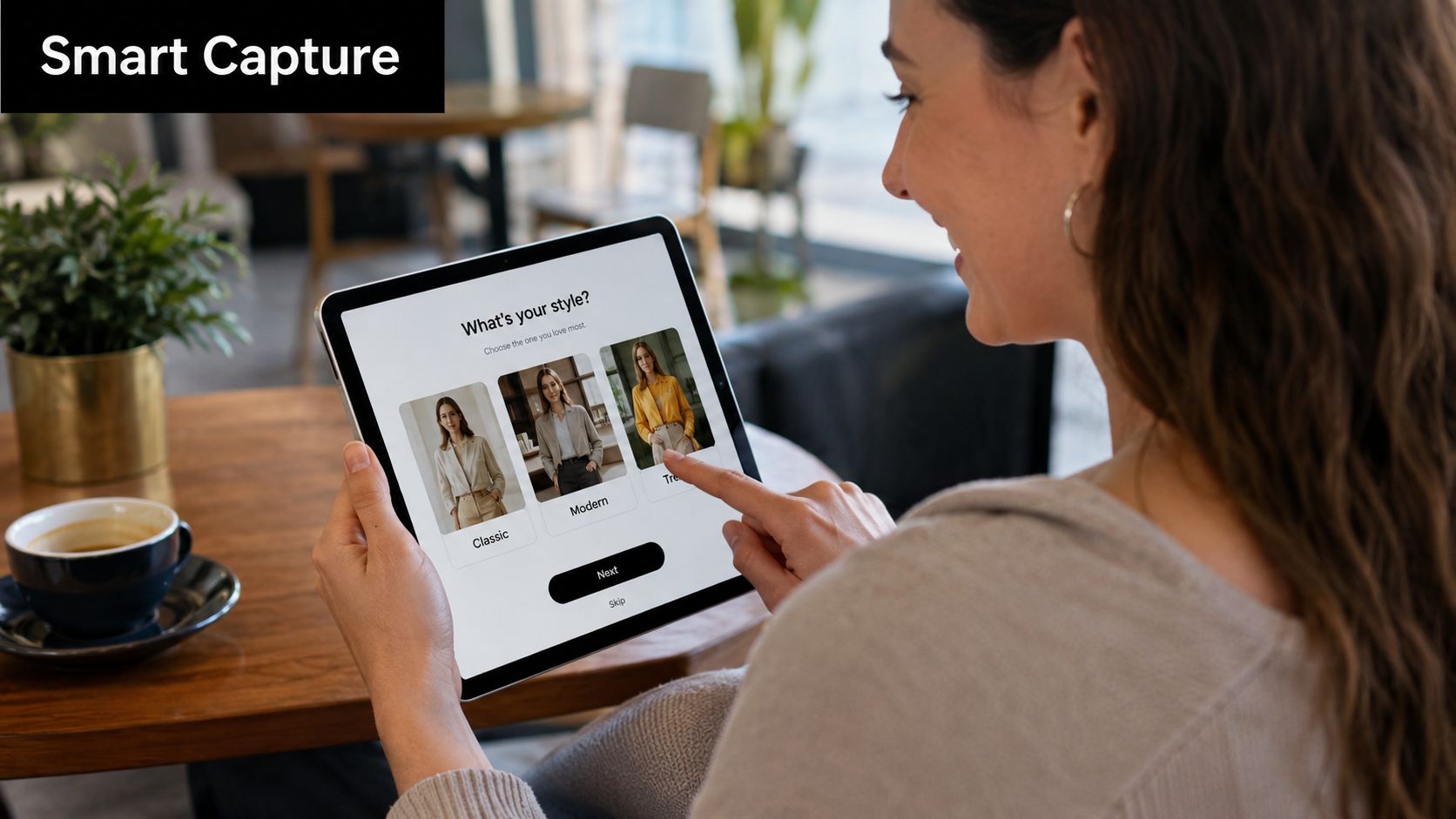 A woman using a tablet to select her fashion style preference in an interactive app interface.