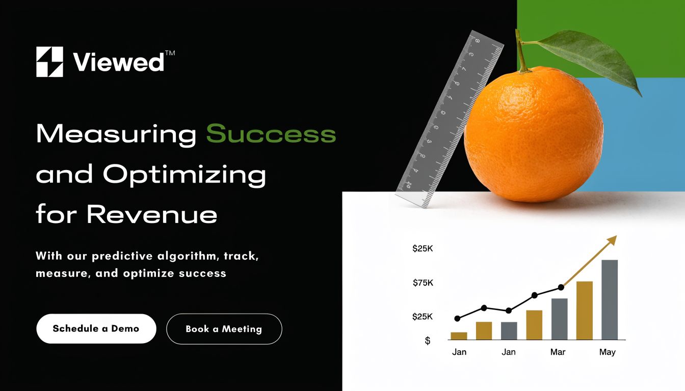 A digital marketing promotional banner featuring a ruler measuring an orange and a rising revenue graph.
