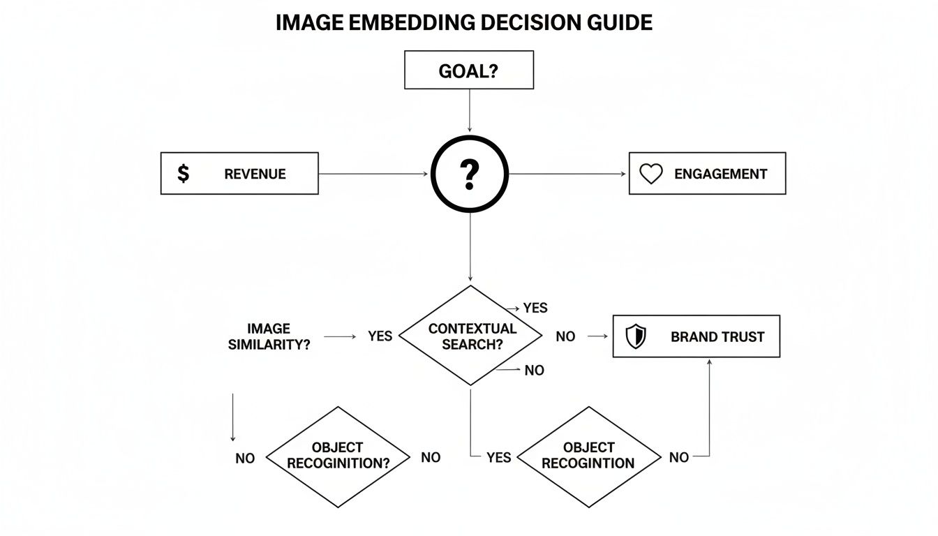 Decision guide flowchart for image embedding strategy, considering goals like revenue, engagement, and brand trust.