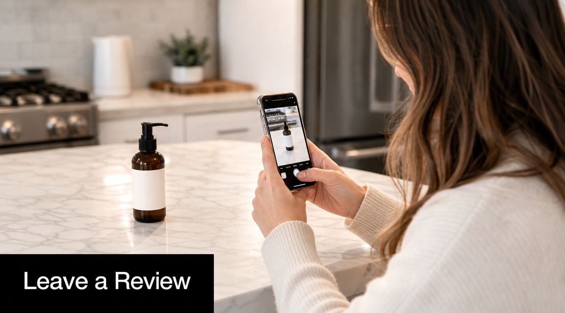 A woman takes a photo of a brown pump bottle product using her smartphone in a kitchen.