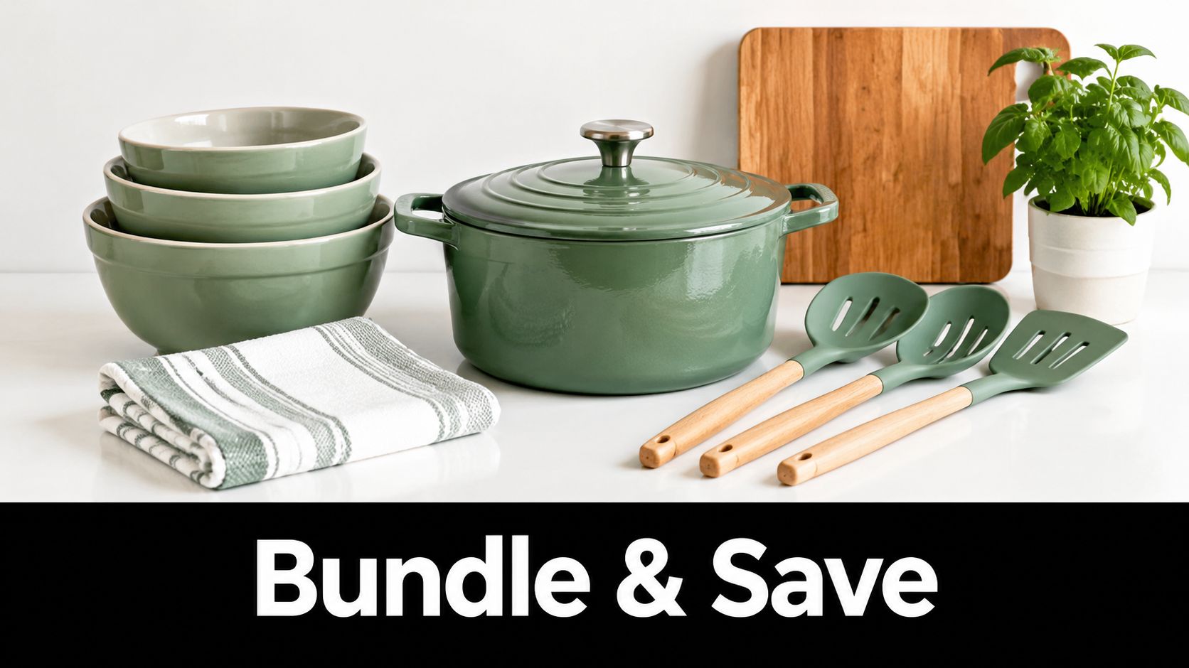 A curated set of sage green kitchenware, including nesting bowls, a dutch oven, and cooking utensils.