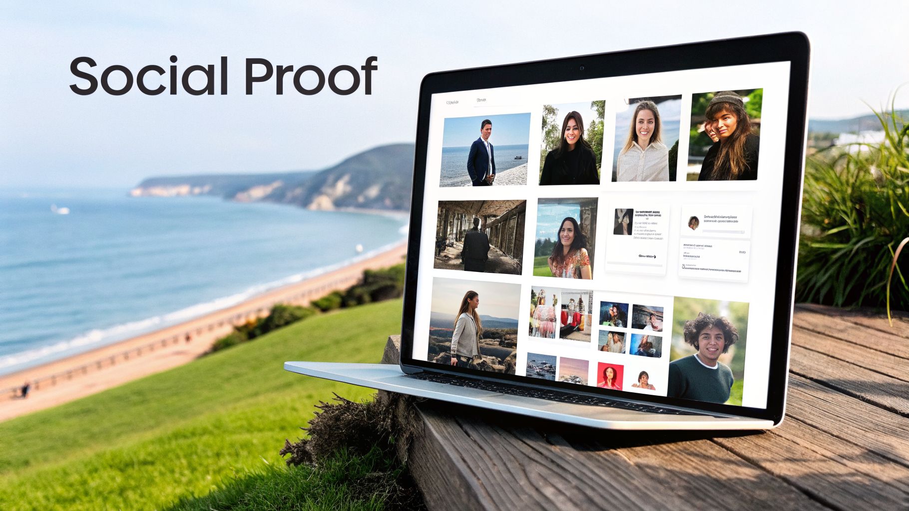 A laptop showcasing diverse profile pictures and testimonials, illustrating "Social Proof" against a beautiful coastal landscape.