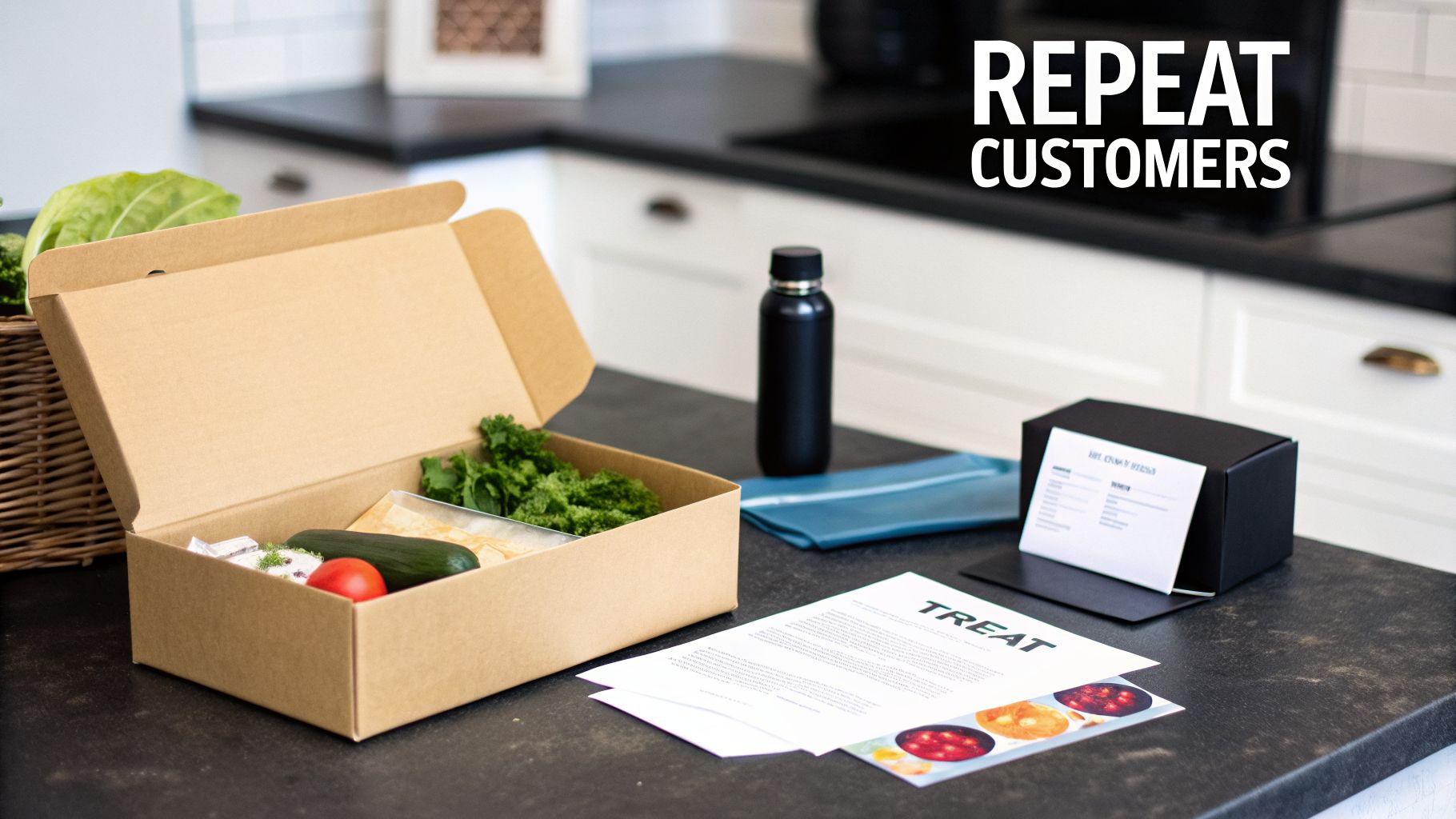 A meal kit box with fresh vegetables, sauce, and a water bottle on a kitchen counter.
