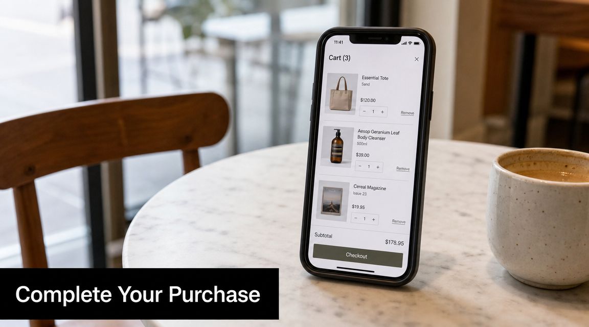 A smartphone resting on a marble table displaying an online shopping cart page with items ready for checkout.