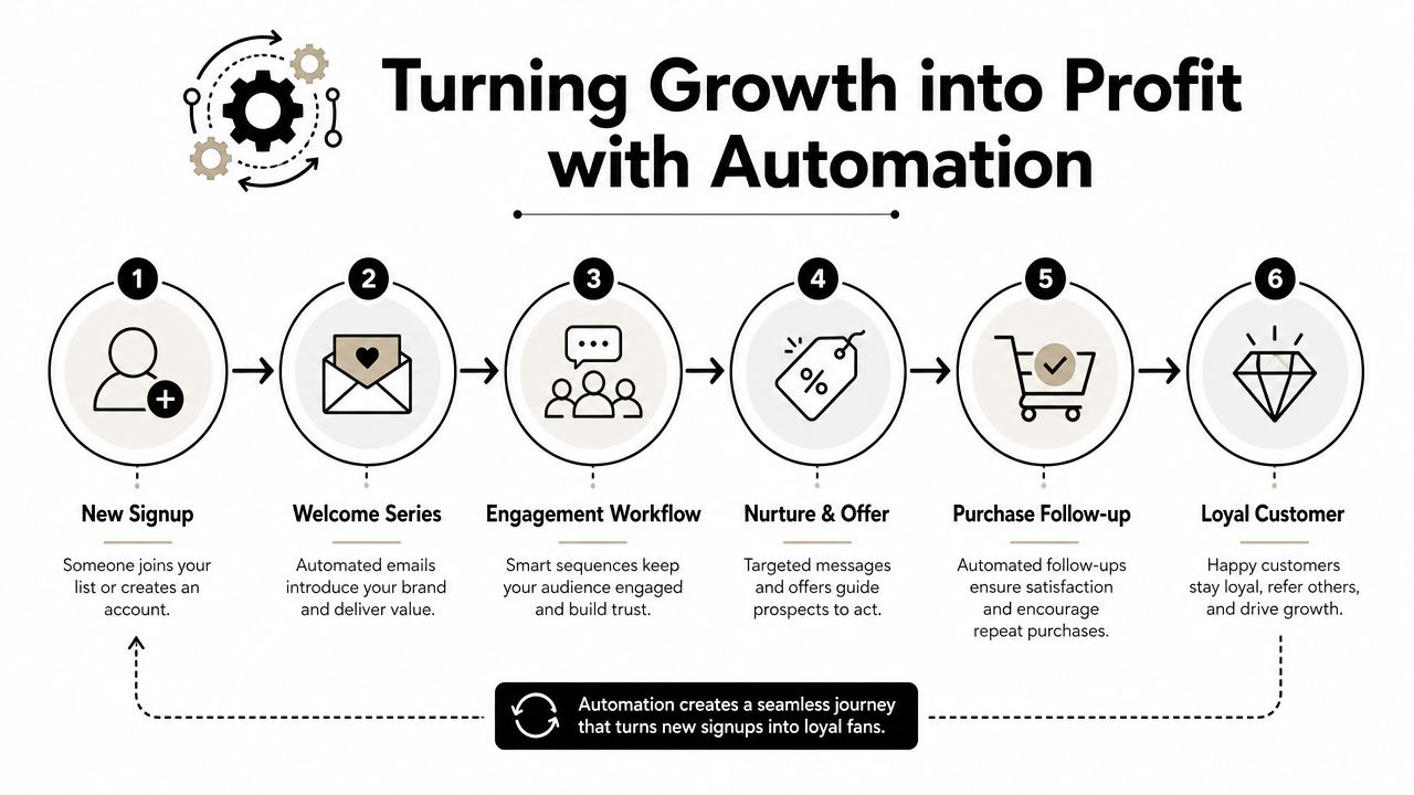 A six-step infographic showing the automated customer journey from new signup to loyal customer.