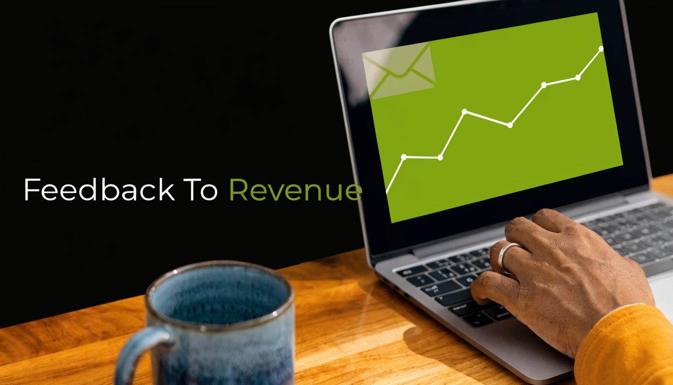 A person working on a laptop displaying a rising business revenue graph with a feedback icon.