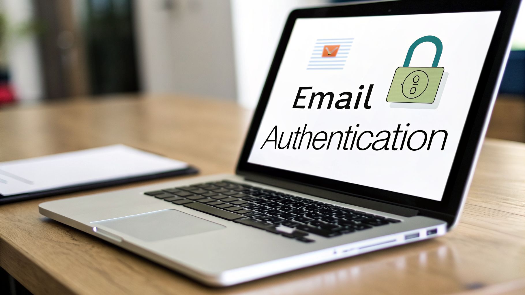A laptop screen displays 'Email Authentication' with email and padlock icons on a wooden desk.
