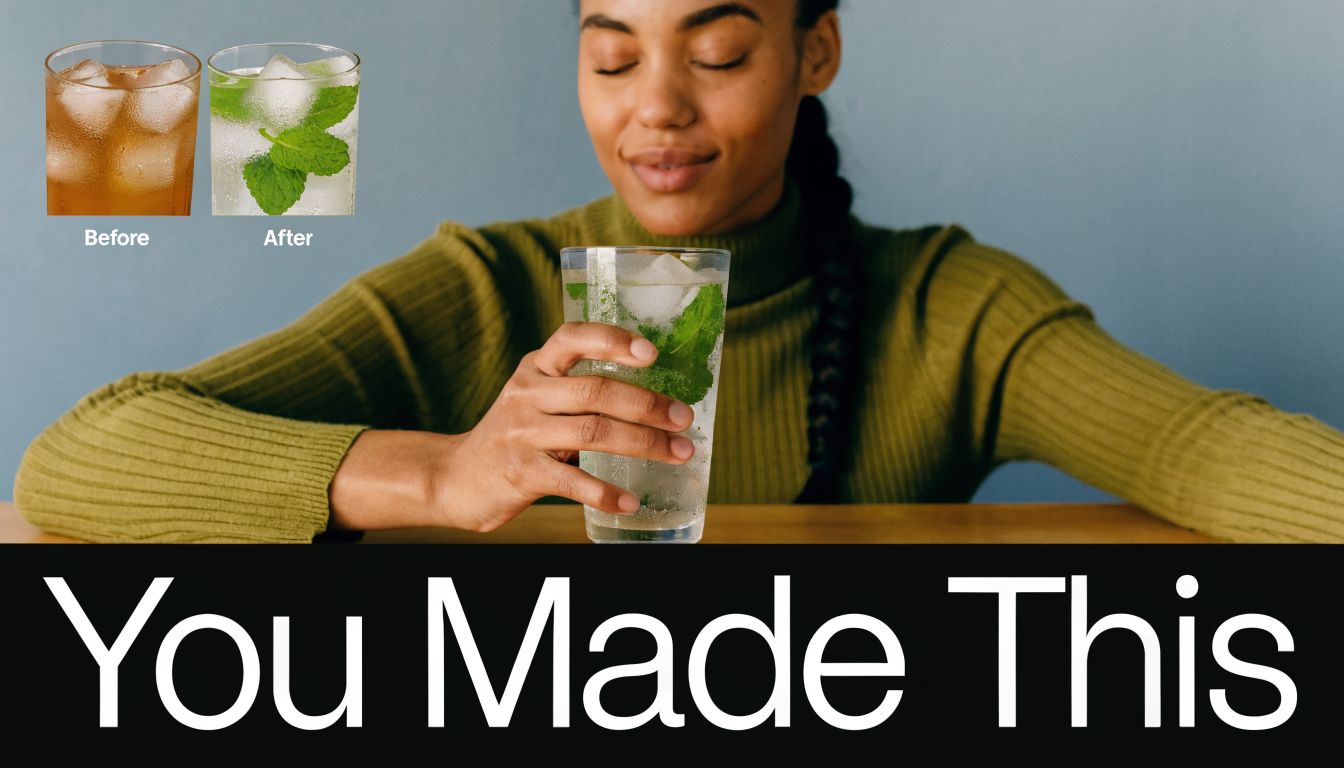 A woman holding a refreshing glass of mint water with a before and after drink comparison overlay.