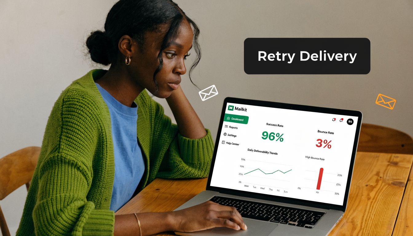 A woman looks at a laptop screen displaying email delivery analytics, including success and bounce rates.