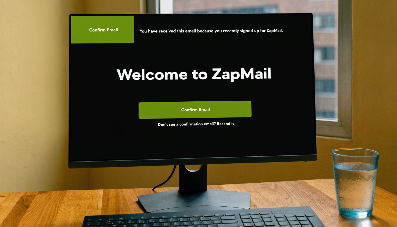 A computer monitor displaying a ZapMail email confirmation template for users who recently signed up.