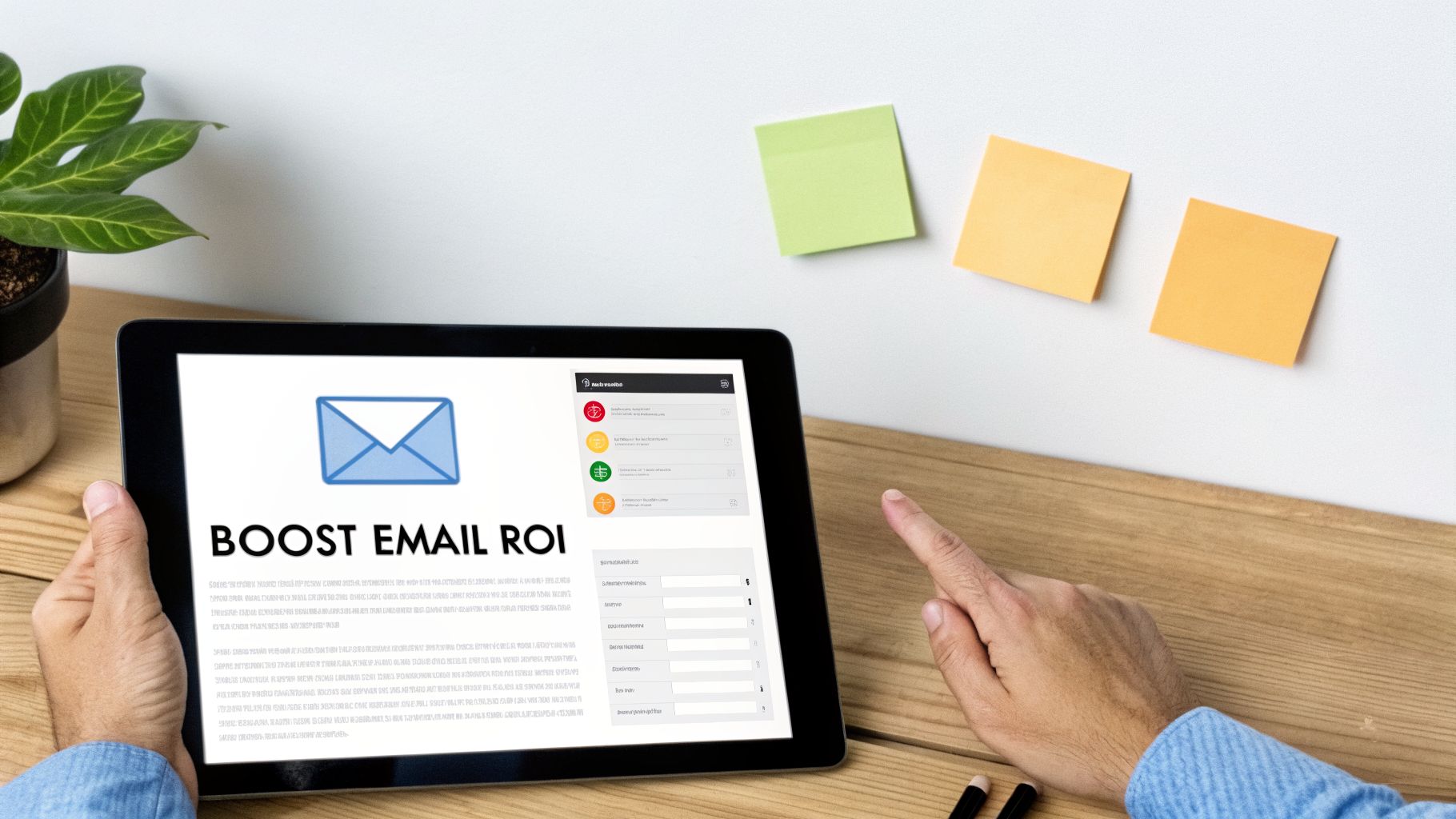 Person holding a tablet displaying 'BOOST EMAIL ROI' and an email icon, pointing to the screen.