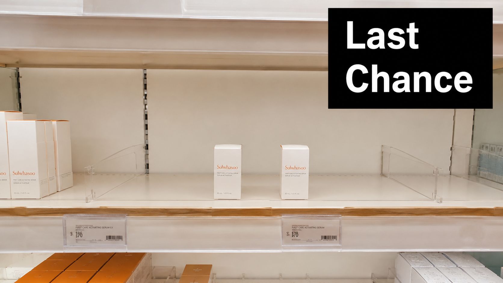 A retail shelf featuring Sulwhasoo skincare products with a large Last Chance sign in the store.