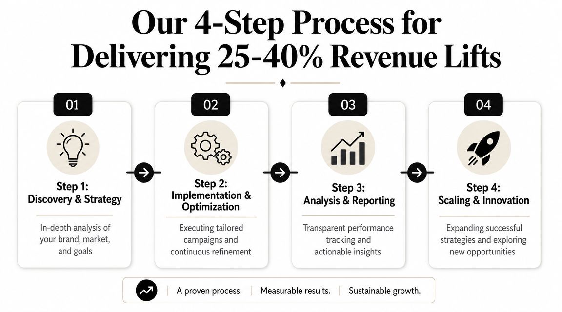 An infographic showing a four-step business growth process for achieving revenue increases through marketing strategies.