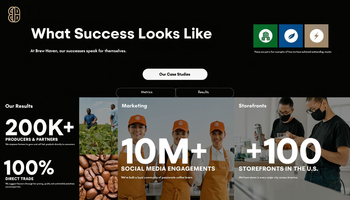 Infographic showing Brew Haven's company success metrics including producer partnerships, social media engagement, and storefront growth.