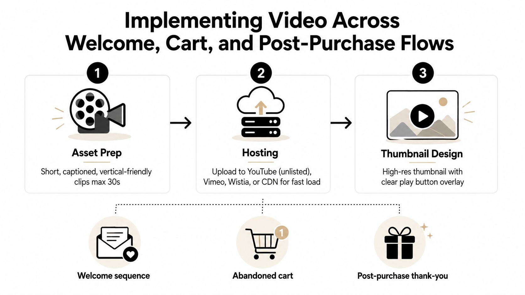 A diagram outlining the three-step process for integrating video into email marketing flows for better engagement.