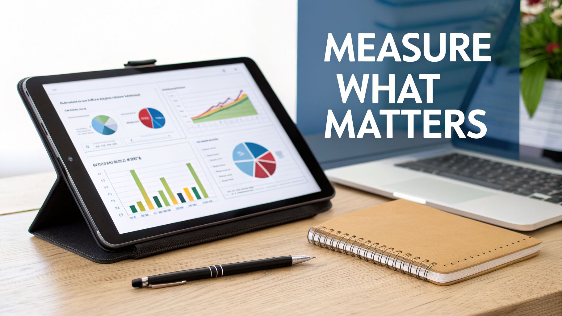 Tablet displaying data analytics charts on a wooden desk with a laptop, pen, and notebook. Text: Measure What Matters.