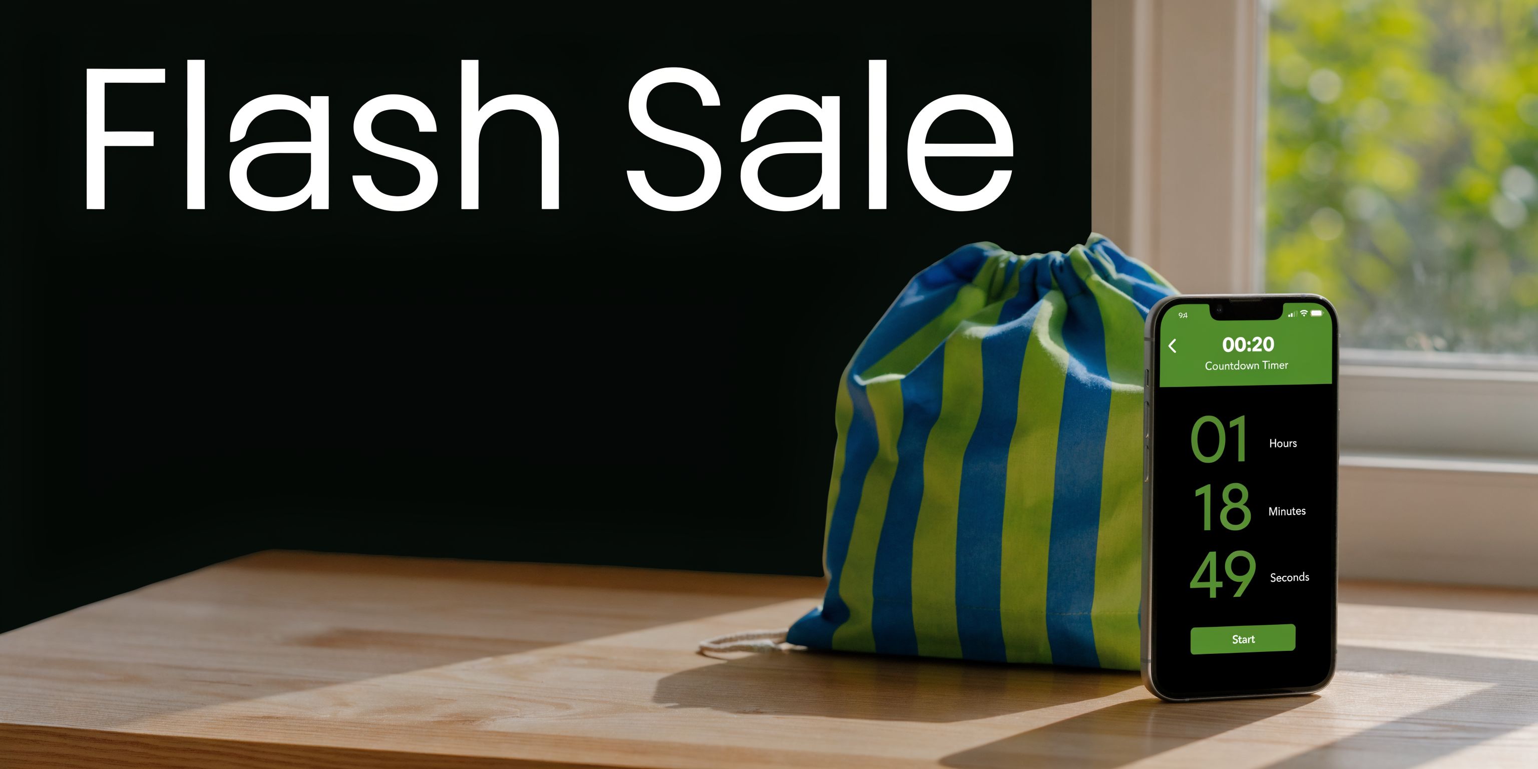 A smartphone on a wooden table displays a countdown timer for a flash sale marketing promotion.