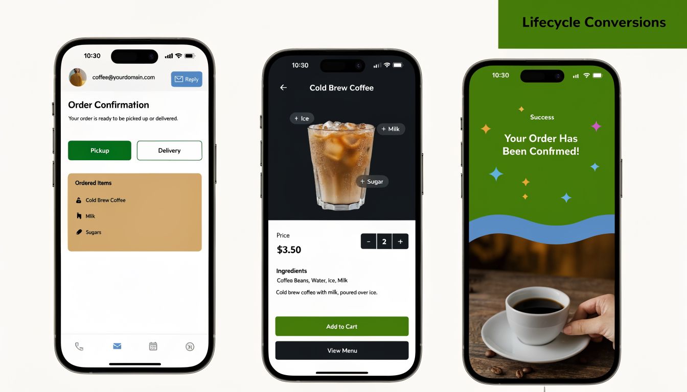 Three smartphone screens displaying a coffee ordering process, including order confirmation, item customization, and a success screen.