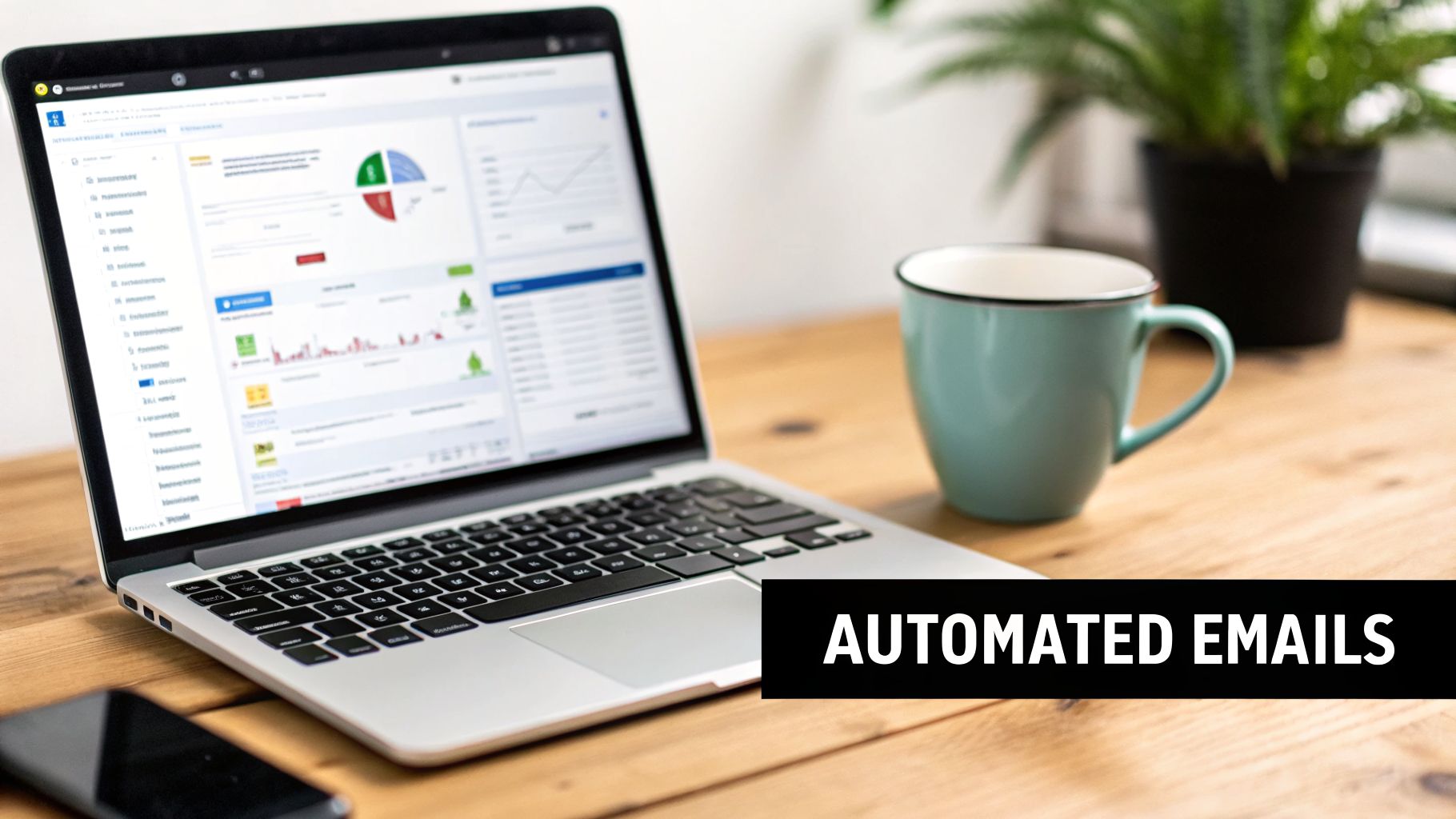 A laptop displaying an analytics dashboard with charts, a coffee mug, and a text 'Automated Emails' on a desk.