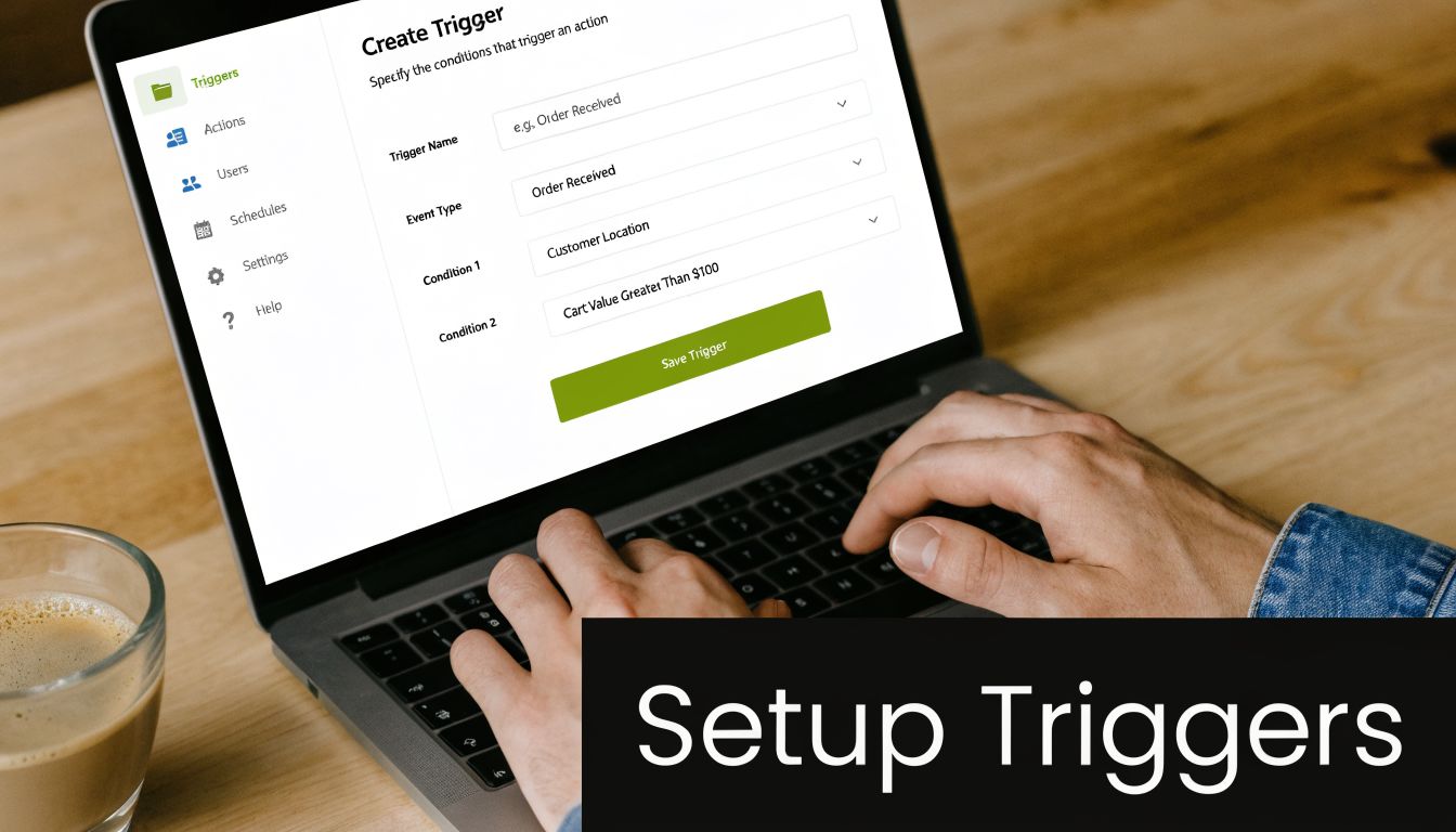 A person using a laptop to configure marketing automation triggers on a software dashboard for business growth.
