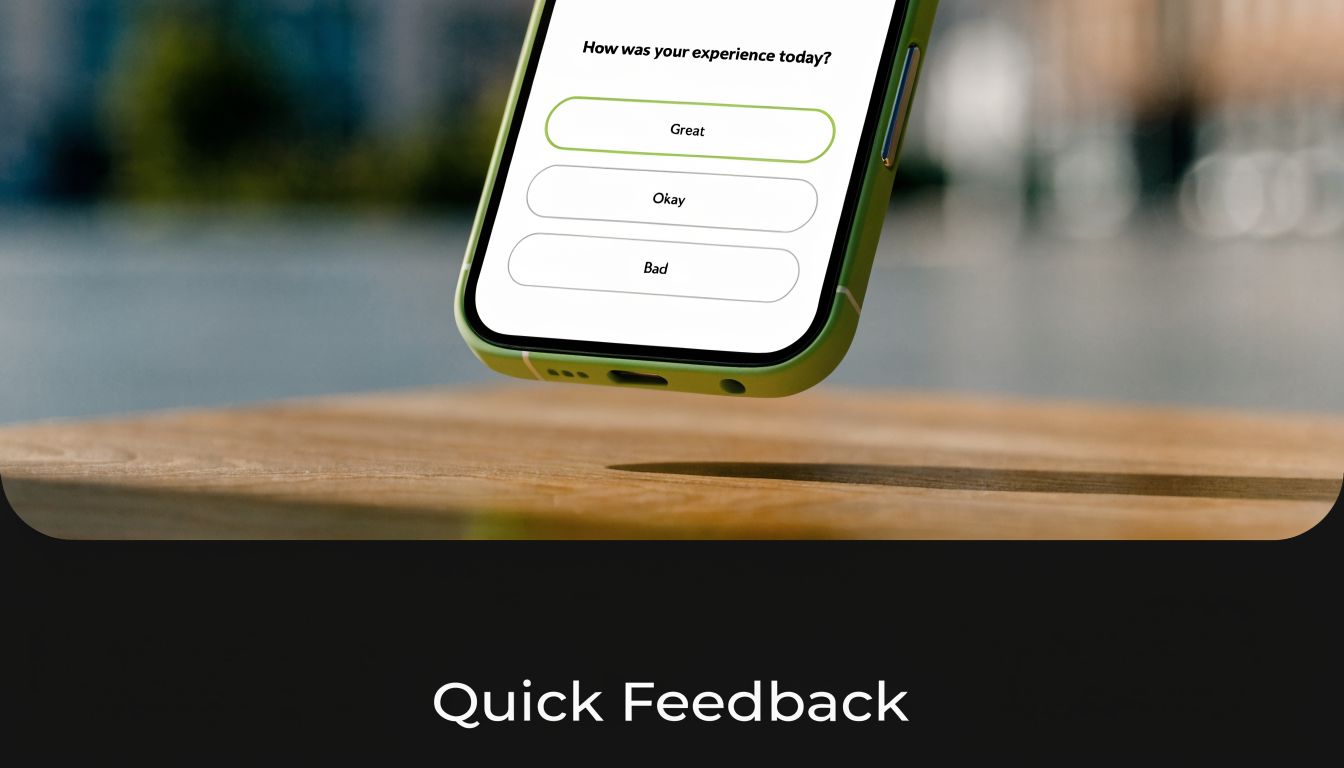 A smartphone floating above a wooden surface displaying a customer satisfaction survey with feedback buttons.