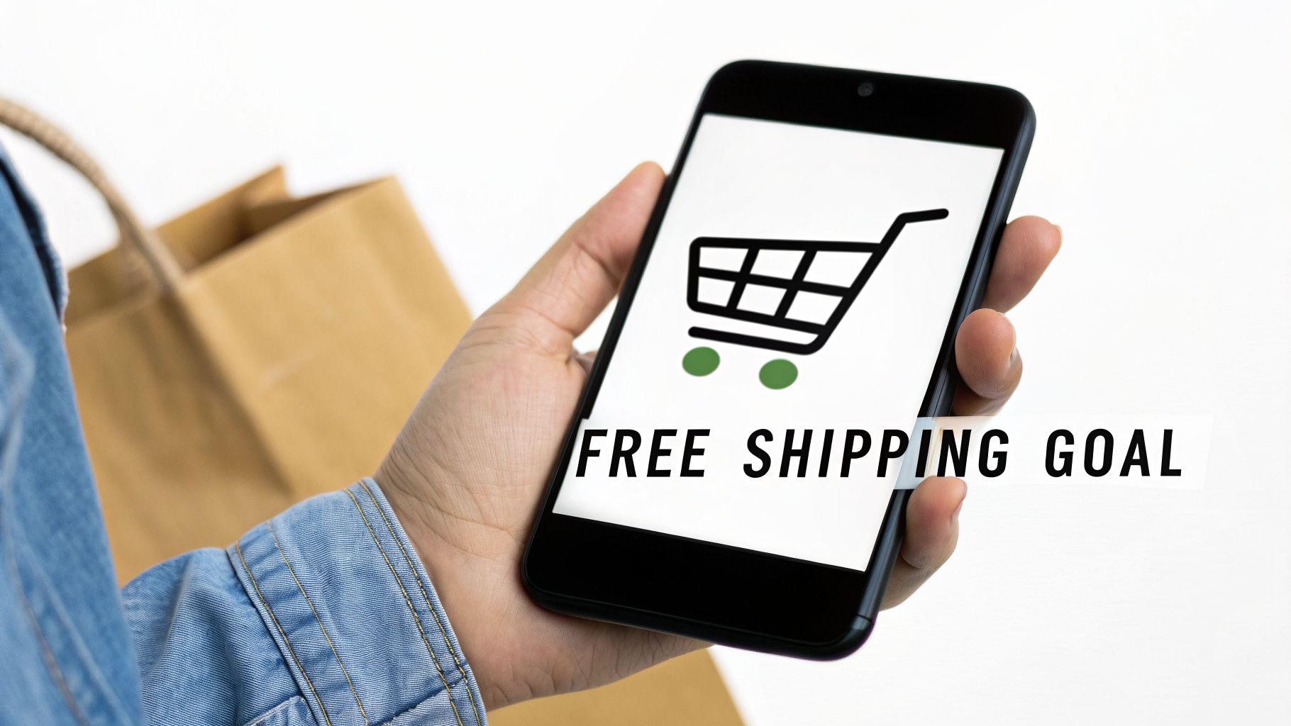 A person's hand holds a smartphone showing a shopping cart and 'FREE SHIPPING GOAL' text, with a paper bag.