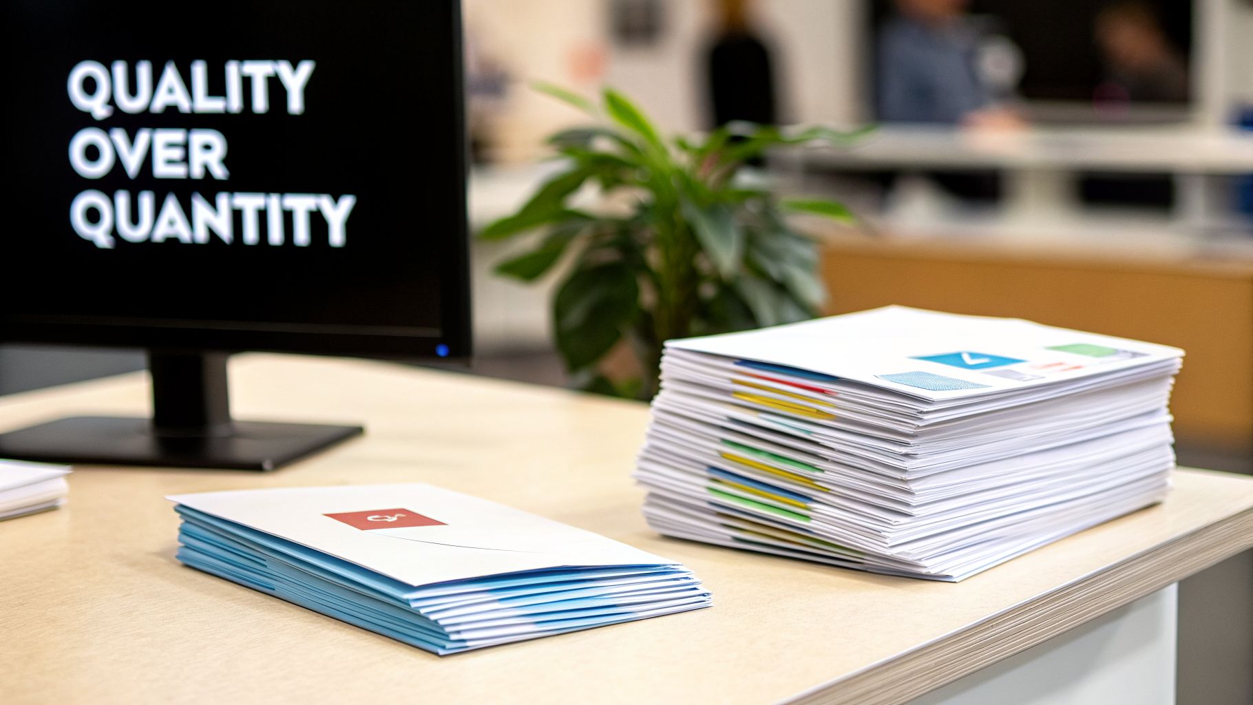 A monitor displays 'QUALITY OVER QUANTITY' next to stacks of paper and envelopes on a desk.