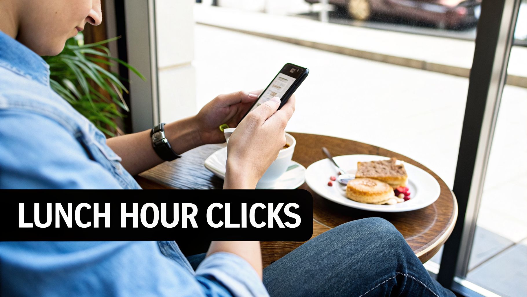 A person in a denim shirt is using a smartphone at a cafe table with coffee and pastries.