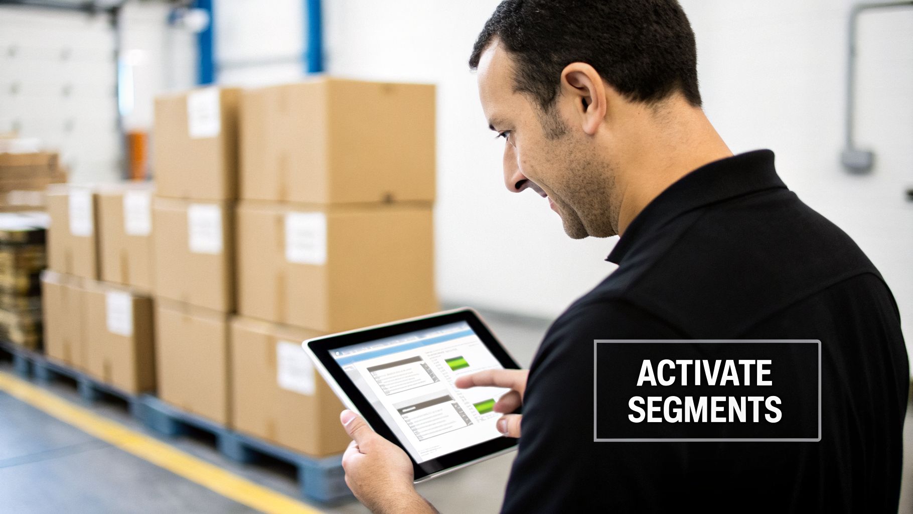 A man in a warehouse smiles while interacting with a tablet displaying data and charts.