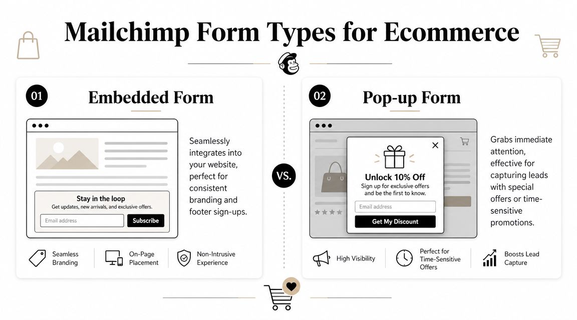 A comparison infographic showing Mailchimp embedded forms versus pop-up forms for ecommerce websites.