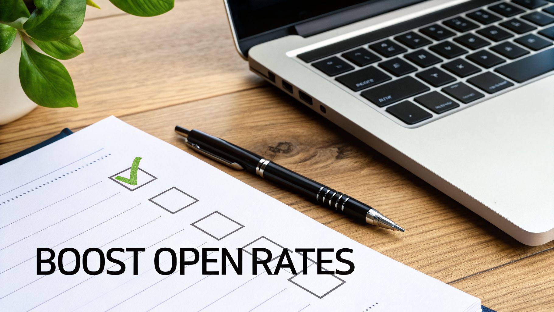 A checklist with a green checkmark and "BOOST OPEN RATES" text, next to a laptop.