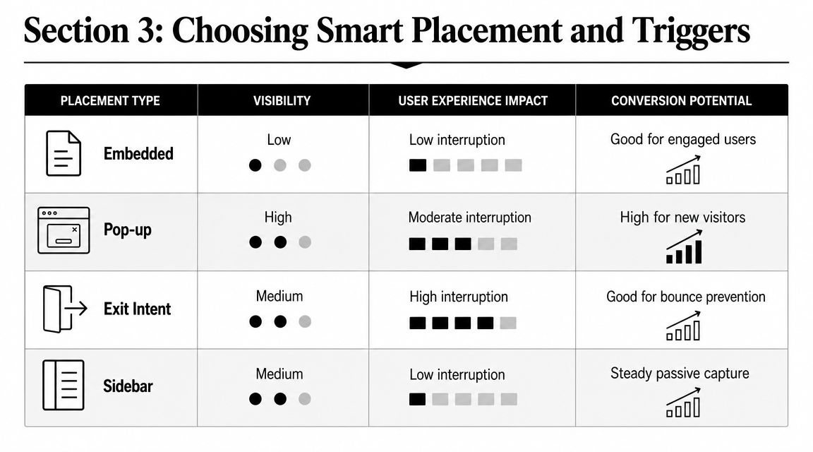 A table comparing four website sign up form placement types including visibility, user experience, and conversion potential.