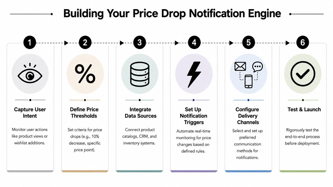 A six-step infographic showing the process for building a custom price drop notification engine for business.