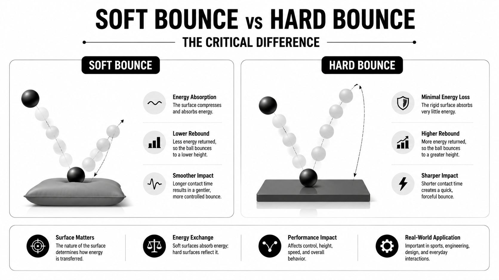 A comparison infographic between soft bounce and hard bounce, illustrating how surface types affect energy absorption and ball rebound.
