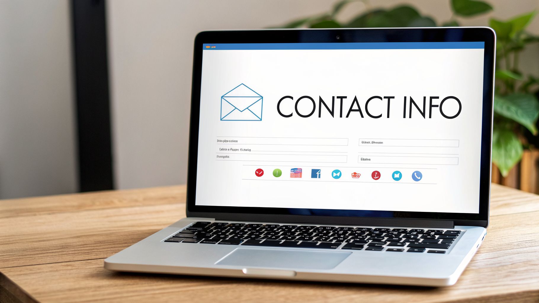 A laptop screen displays 'CONTACT INFO' with an envelope icon, input fields, and social media links on a wooden desk.