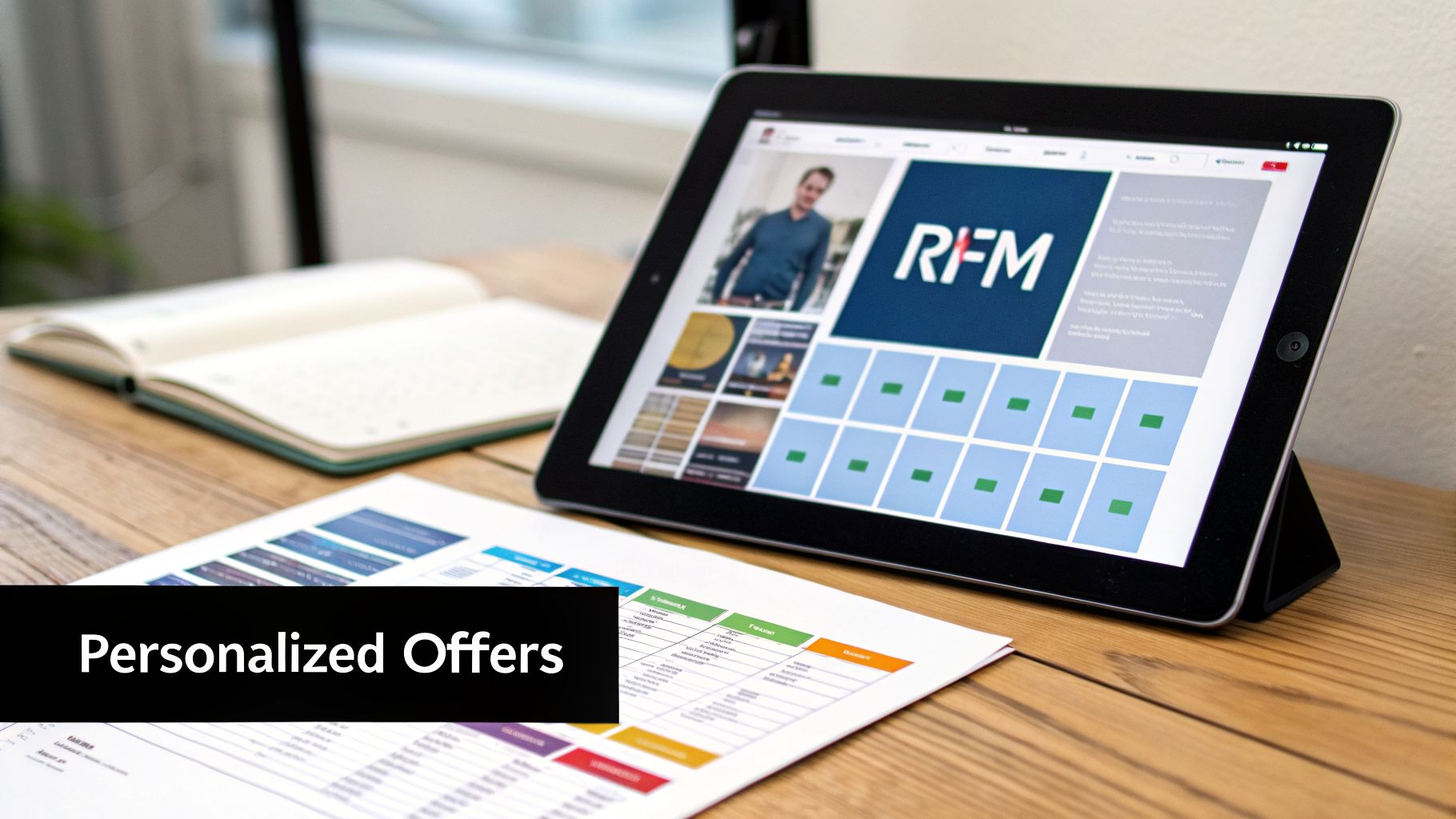 A tablet displaying a marketing website with an 'RFM' logo and a document about 'Personalized Offers' on a wooden desk.