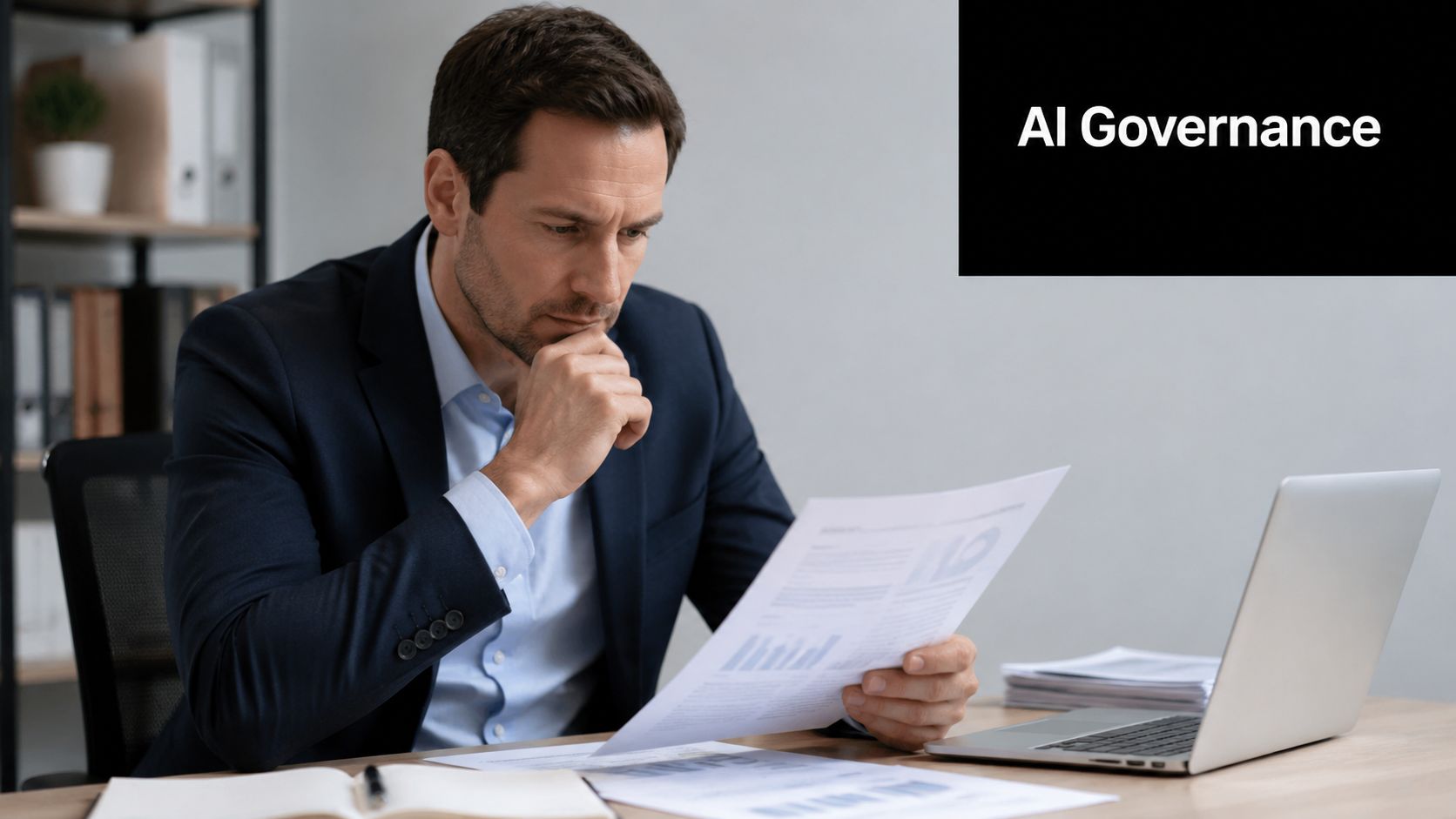 A professional man in a business suit reviewing financial documents while focusing on AI Governance strategy.
