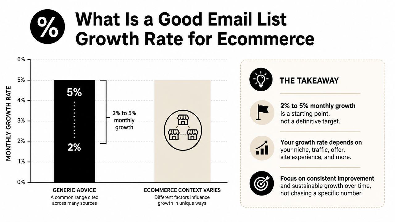 A chart illustrating that a good monthly email list growth rate for ecommerce is between 2% and 5%.
