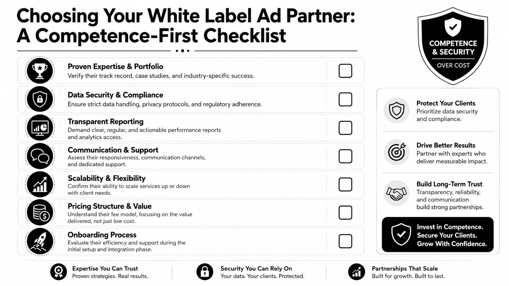 A checklist for choosing a white label ad partner, highlighting key factors like expertise, security, and communication.