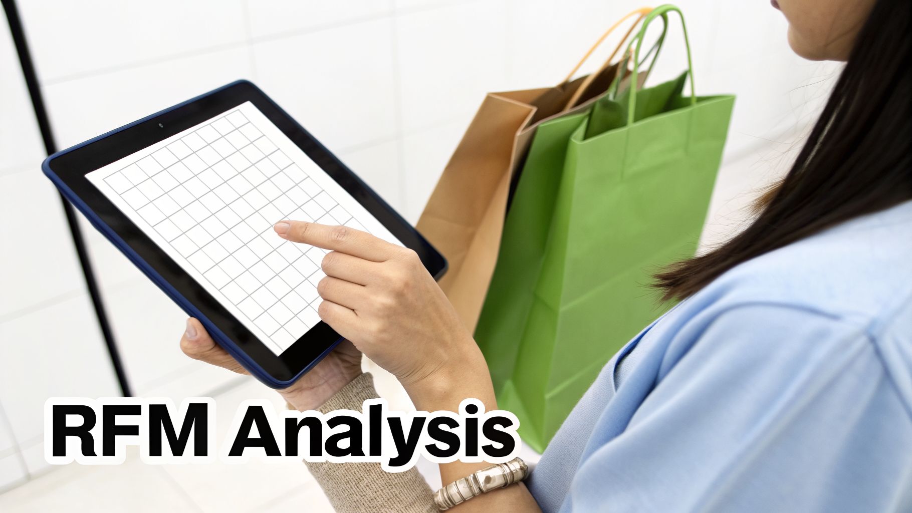 A person analyzes customer data on a tablet, with shopping bags in the background, 'RFM Analysis'.