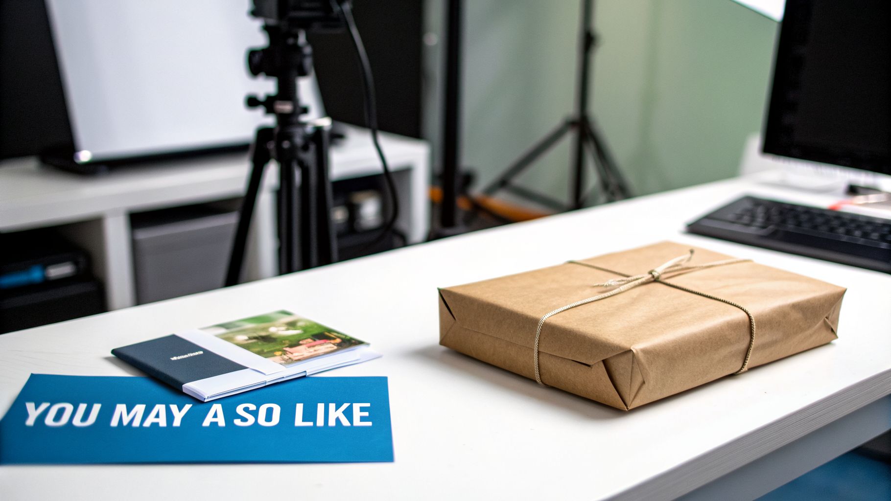 A neatly arranged desk featuring a brown gift box, a promotional booklet, and a blue 'YOU MAY ALSO LIKE' card.