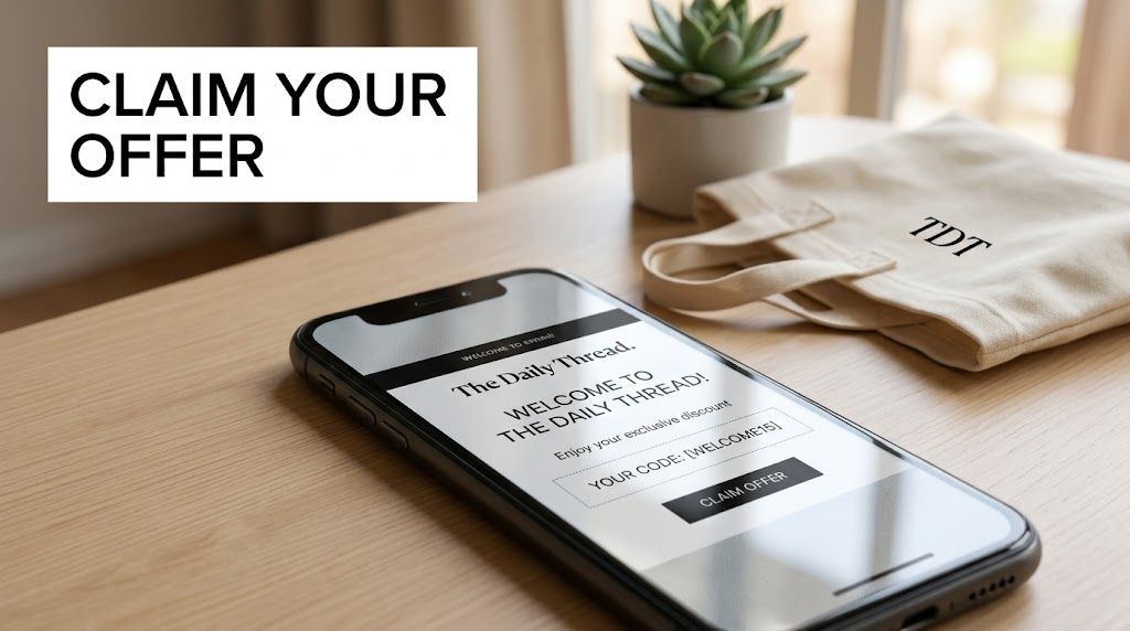 A smartphone on a wooden desk displaying a welcome discount offer from The Daily Thread brand.